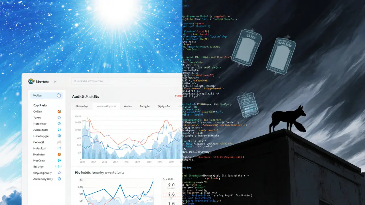 Split scene showing bright UI versus shadowy, unaudited code.