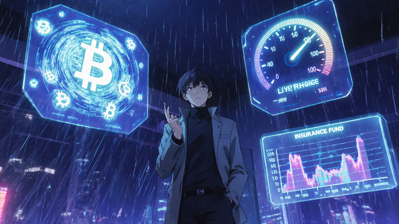 Futuristic trading room with holographic Bitcoin charts and a focused trader.