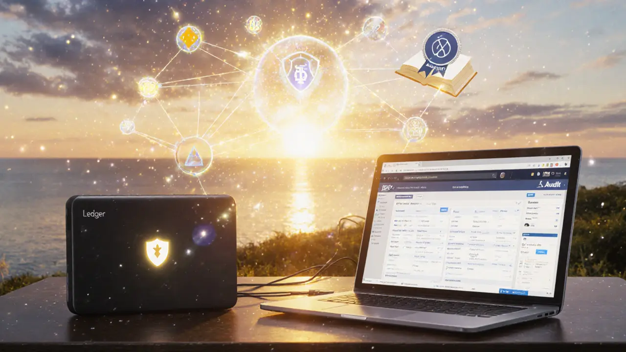 User using a hardware wallet with sunrise and security icons surrounding DEX.