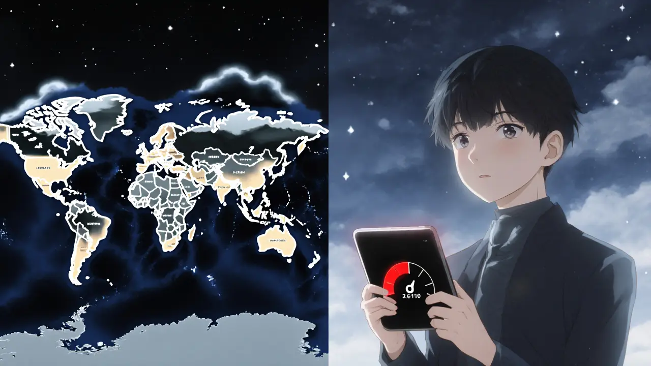 World map highlighting allowed and blocked countries beside a cautious teenager with a risk meter.