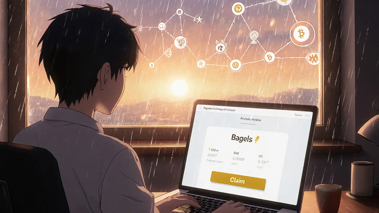 Cozy home office at dusk with a user ready to click a claim button on a dashboard.