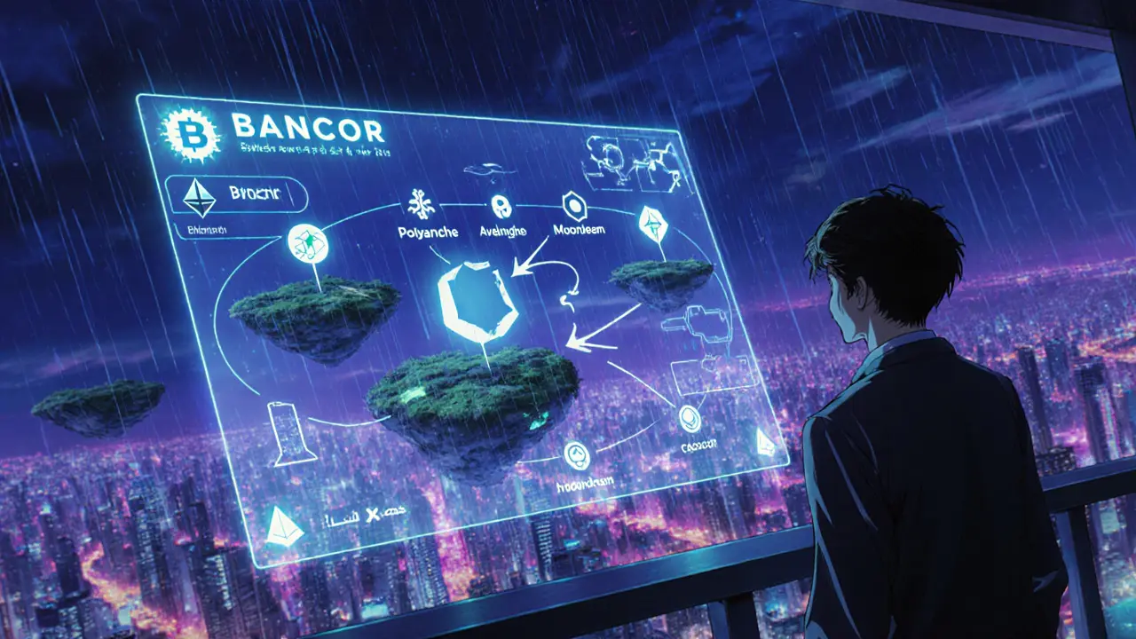 Futuristic city skyline shows Bancor roadmap and cross‑chain expansion.