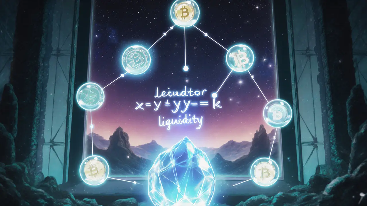 Glowing orbs illustrate Bancor's AMM and single‑token liquidity.