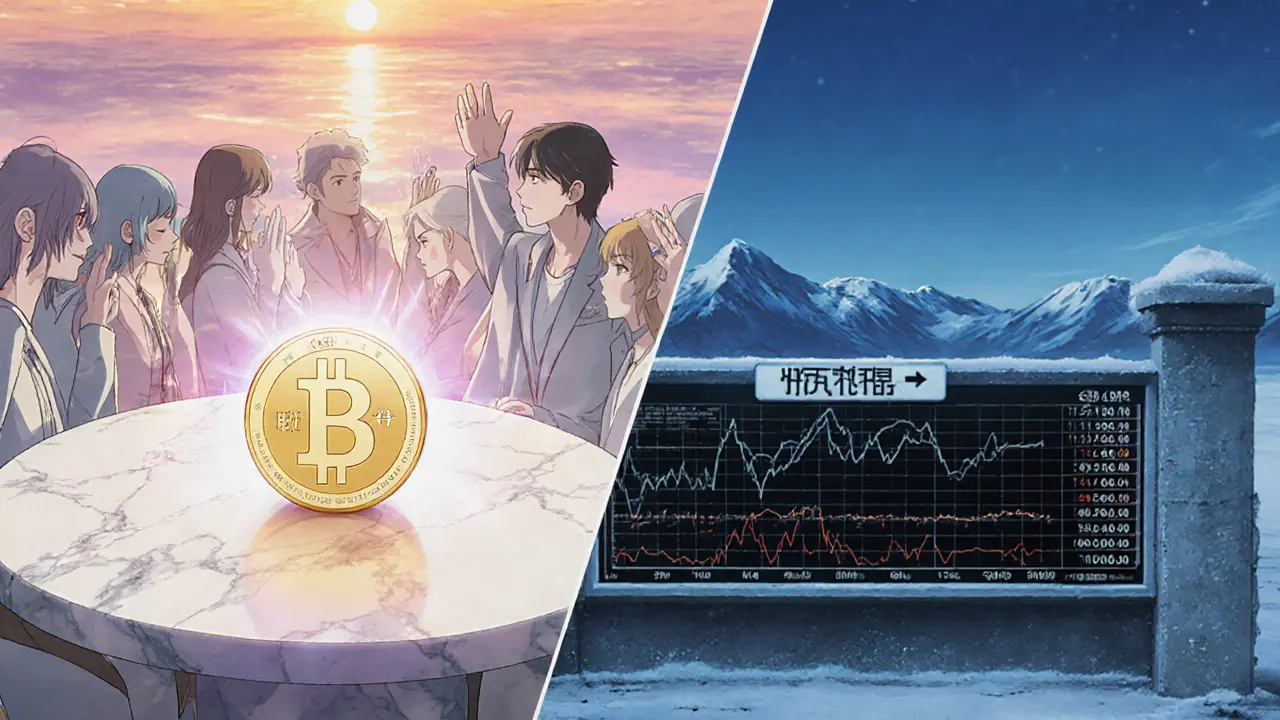 Split scene showing a glowing BAGEL token with DAO members and an empty exchange board.