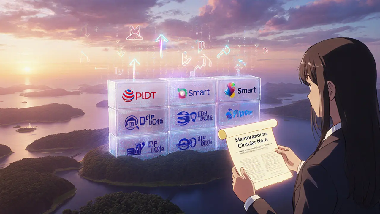 Digital firewall wall with PLDT and Smart logos blocks data over a sunrise Philippine landscape.