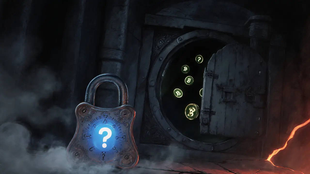 Dim vault with glowing coins and a question‑marked lock hinting at hidden fees.