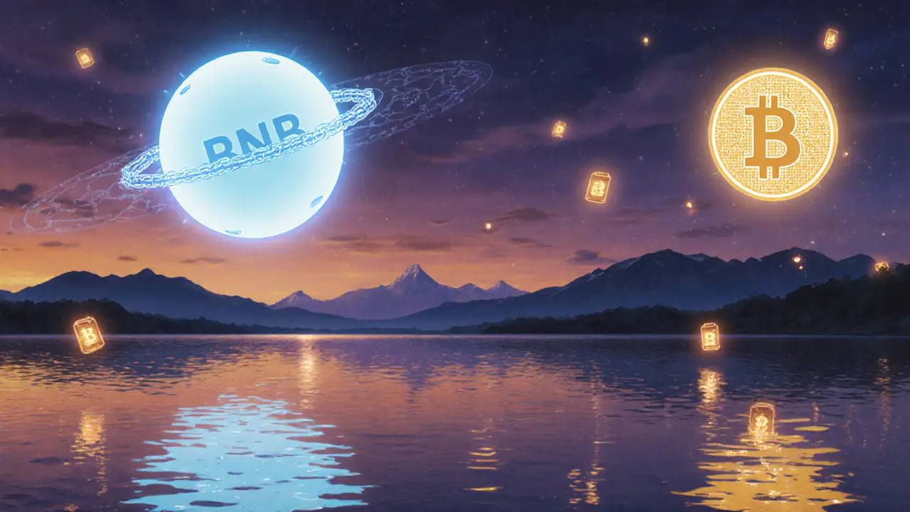 Glowing BABY token orbs representing BabySwap and Babylon hovering over a calm horizon.