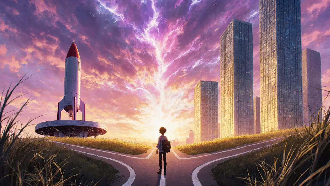 Person at a sunrise crossroads choosing between towering city and rocket launch.