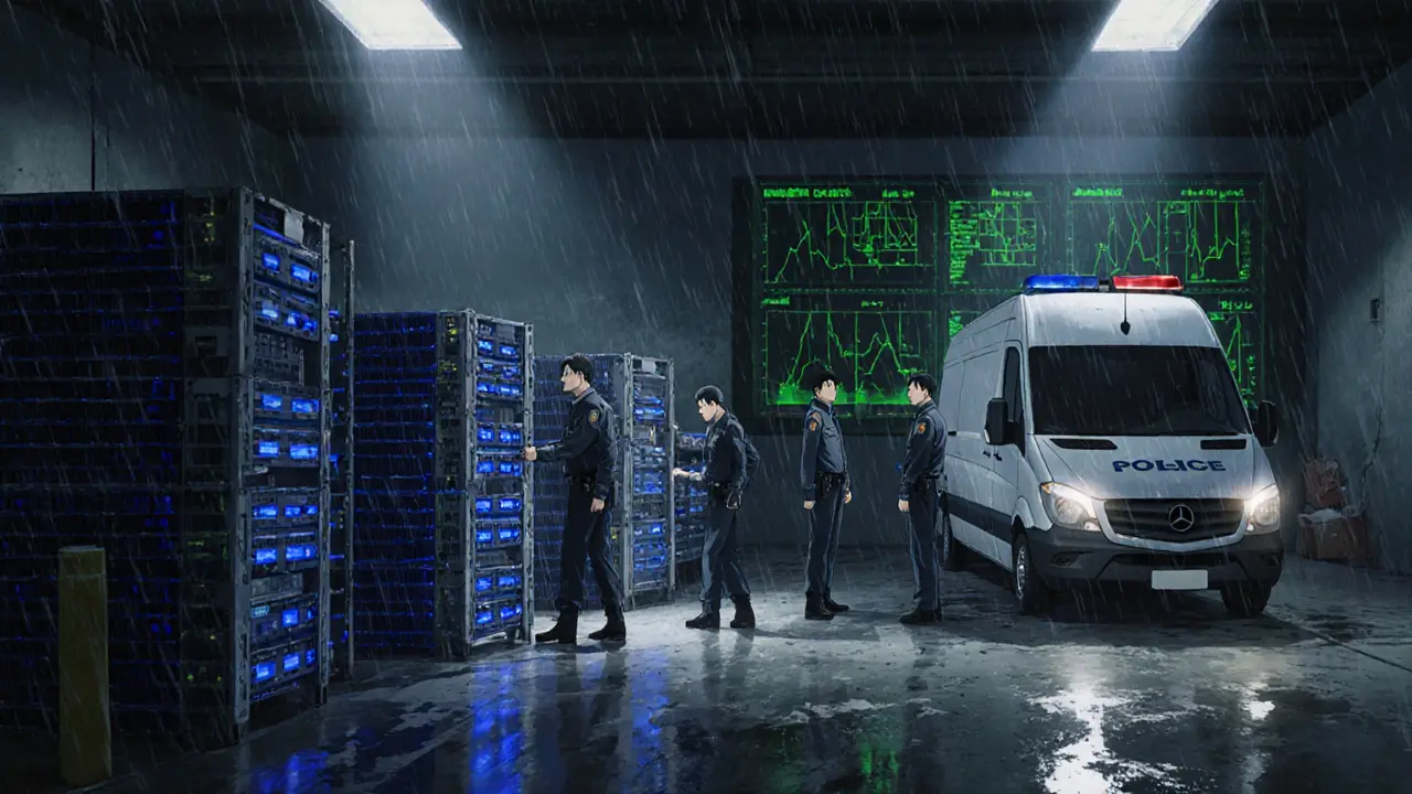 Police raid confiscates mining rigs at night with rain‑slicked warehouse.