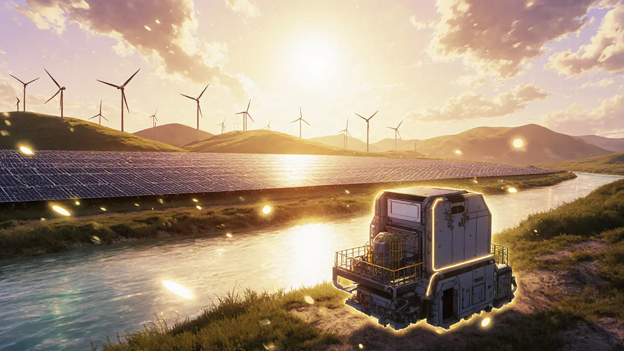Solar and wind farms power a small mining rig at sunrise in Kosovo.