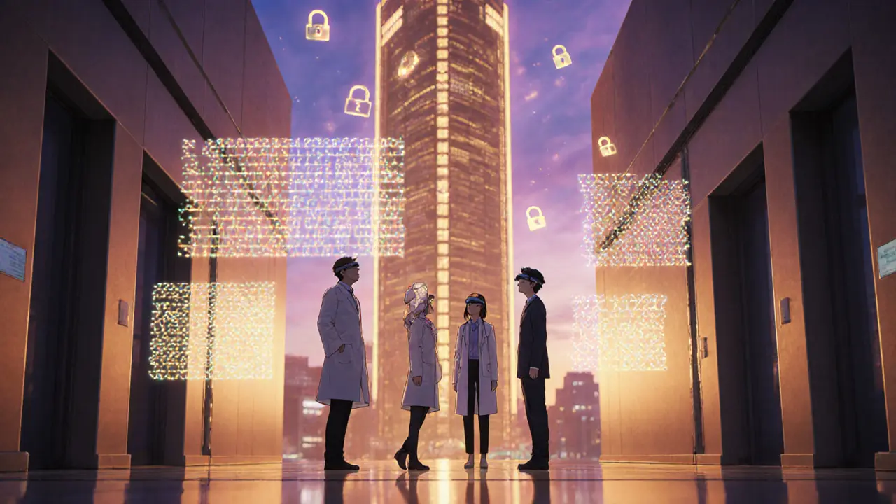 Doctors and analysts view encrypted genome and financial holograms in a twilight city setting.