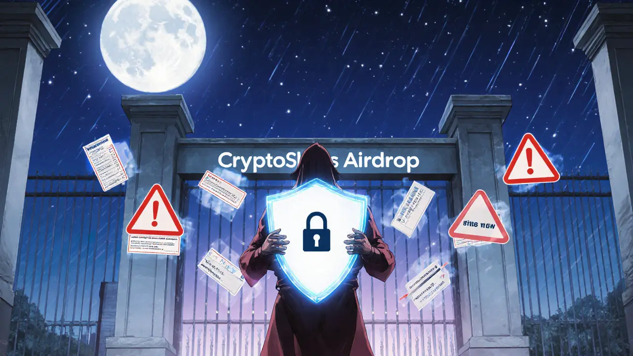 Guardian with a shield protecting a digital gate from phishing and scam warnings.