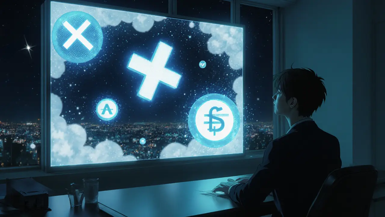 Researcher watches holographic math symbols and swirling noise particles in a night office.