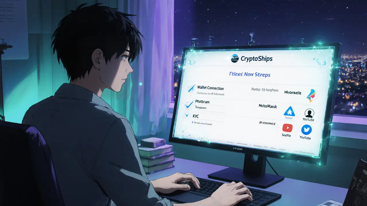 Young user at a desk with laptop showing the CryptoShips claim portal and task checklist.