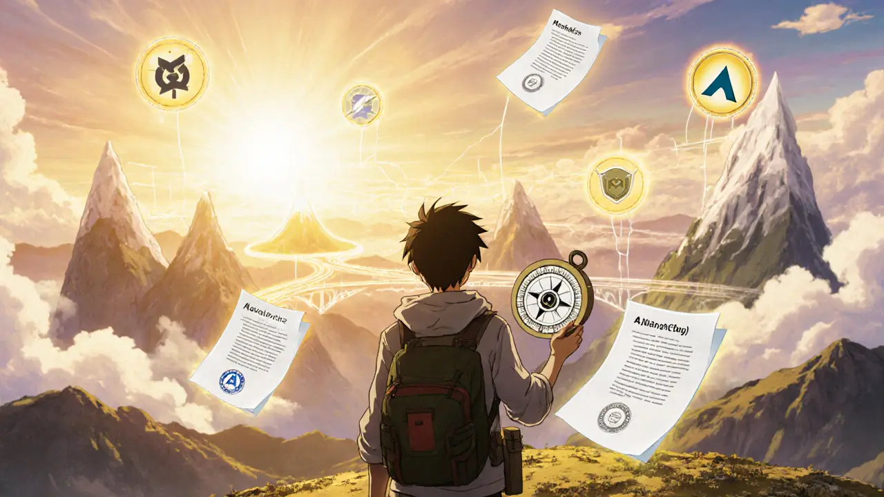A hopeful character gazes at sunrise over interconnected blockchain islands with floating audit papers.