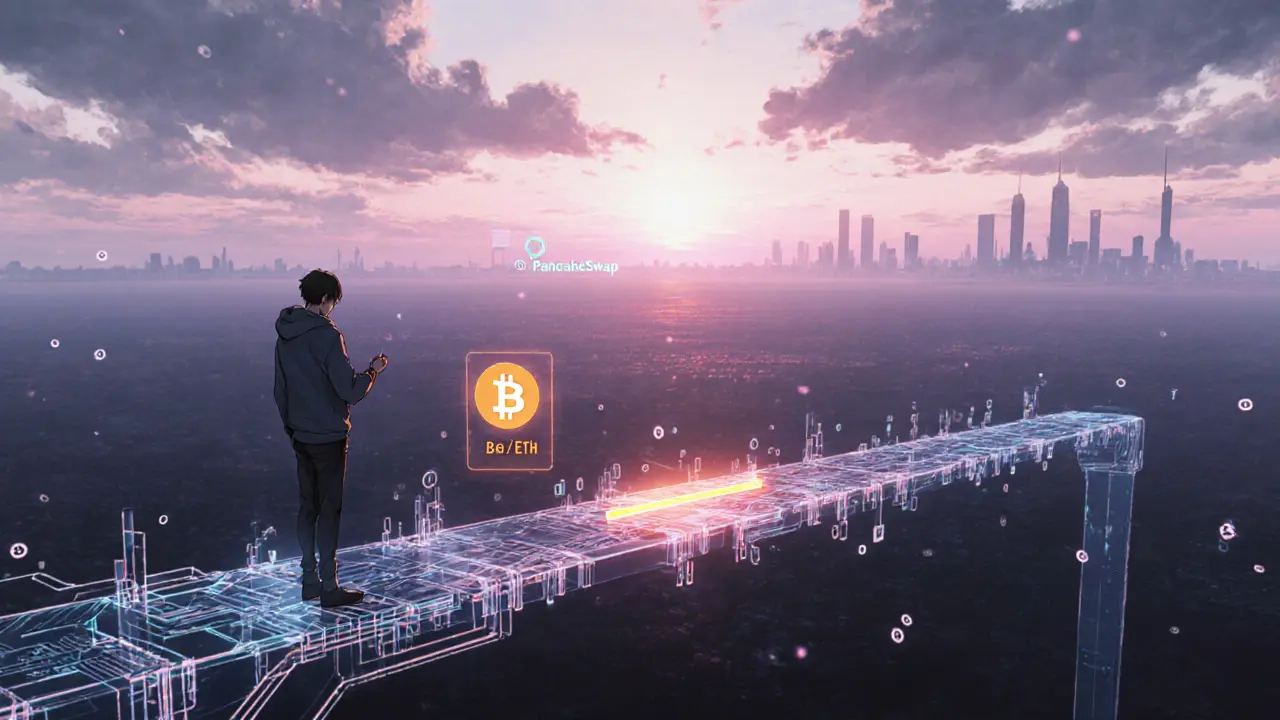 A lone trader adjusts slippage on a narrow neon bridge over a digital void with a single token pair.