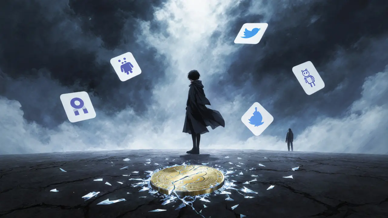 Anime depiction of cracked ORO token, empty community icons, and a lone figure under dark clouds.