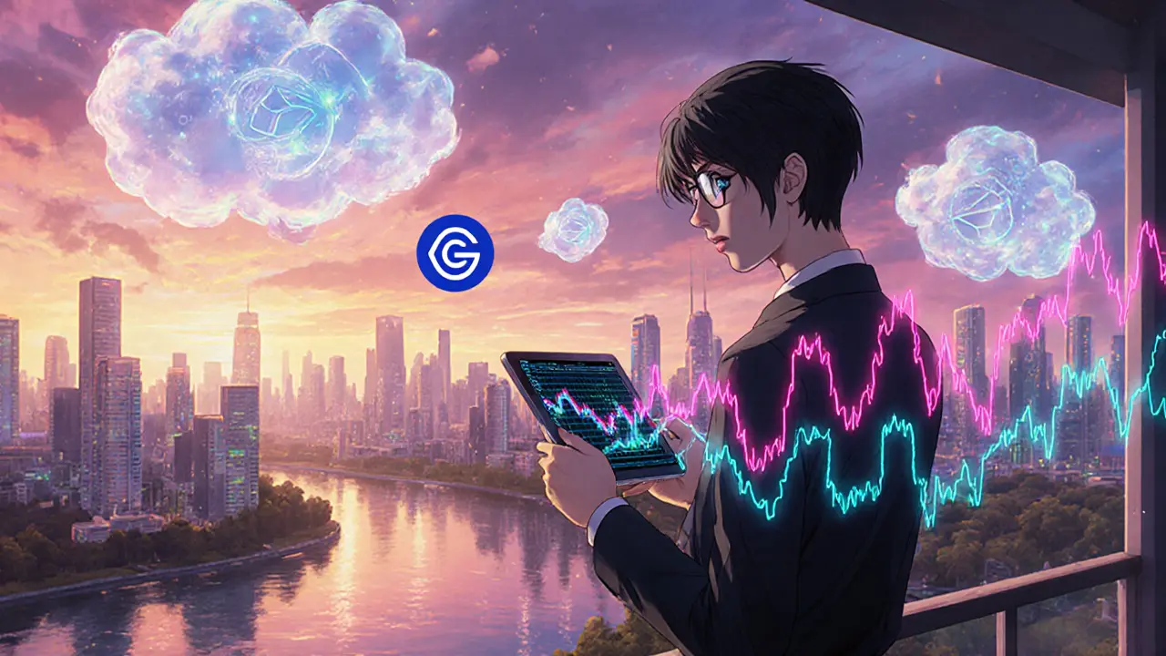 Anime illustration of volatile crypto charts, gas‑fee clouds, and Gate.io symbol at sunset.