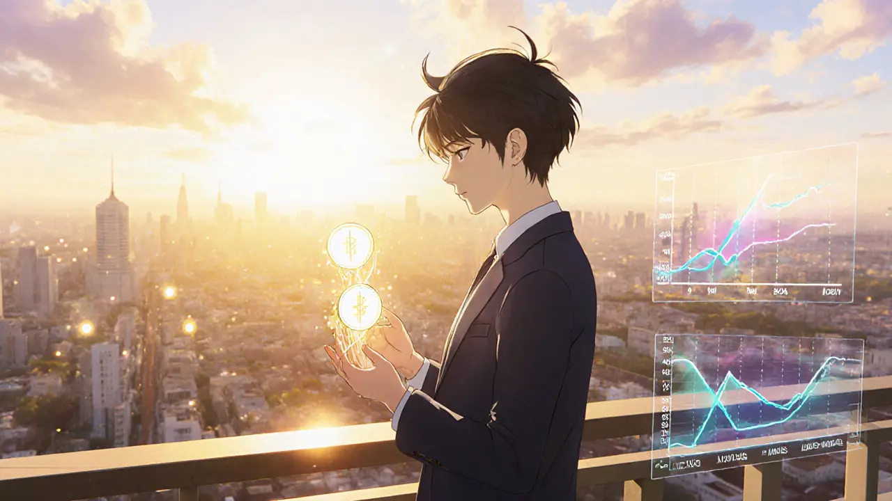 Balcony sunrise scene with character holding glowing token split into immediate and vesting portions.