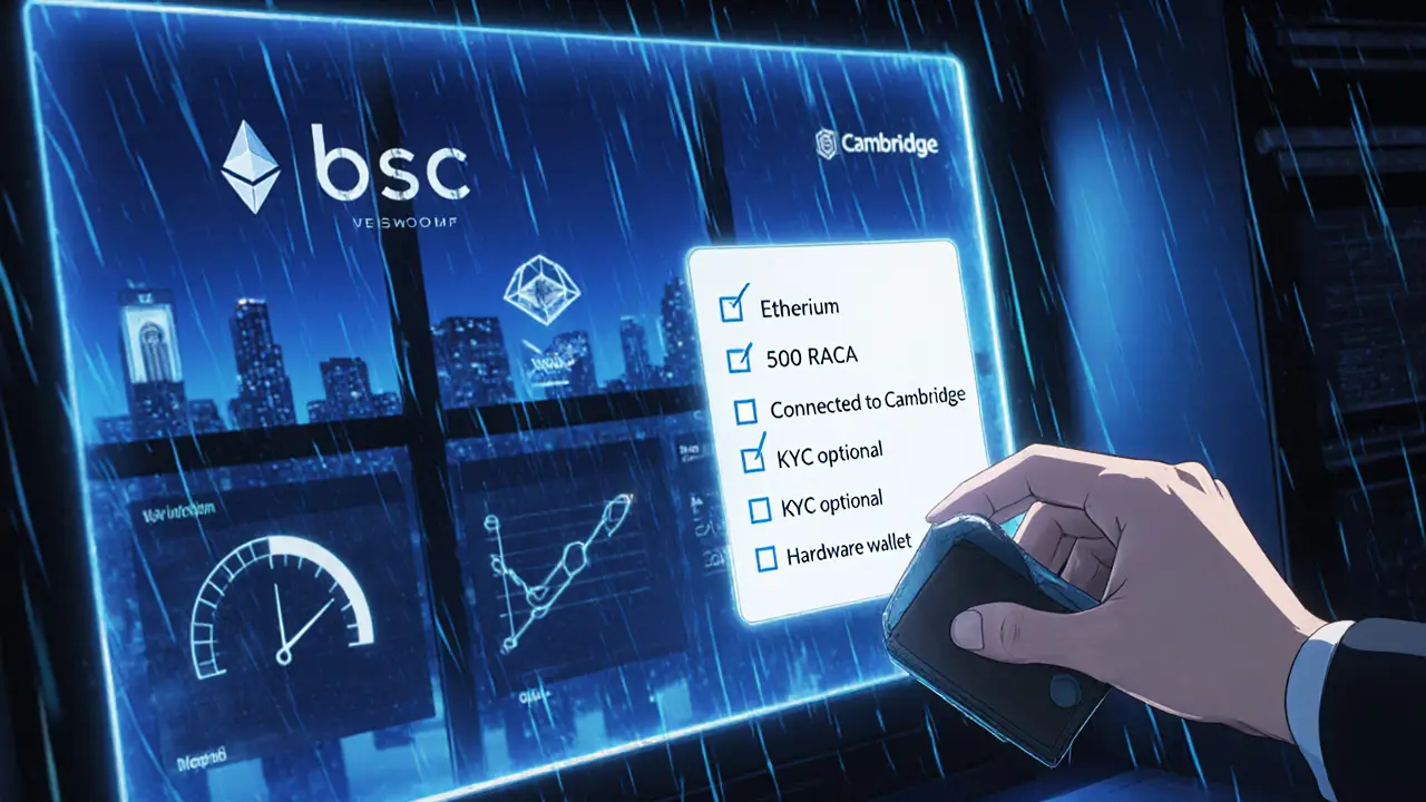 Close‑up workstation showing eligibility checklist for RACA airdrop with BSC and Ethereum icons.