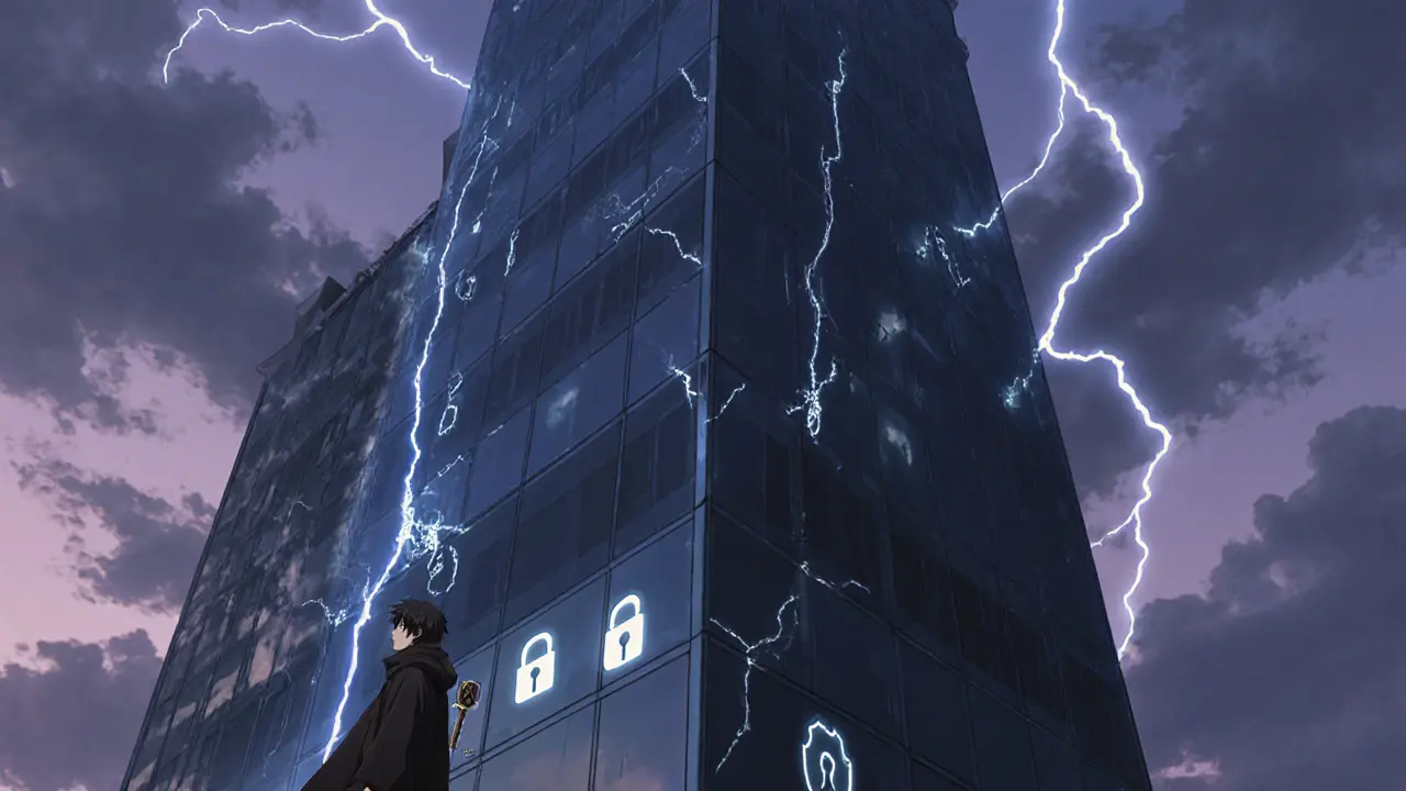 A cracked exchange building with missing security icons under a stormy sky.