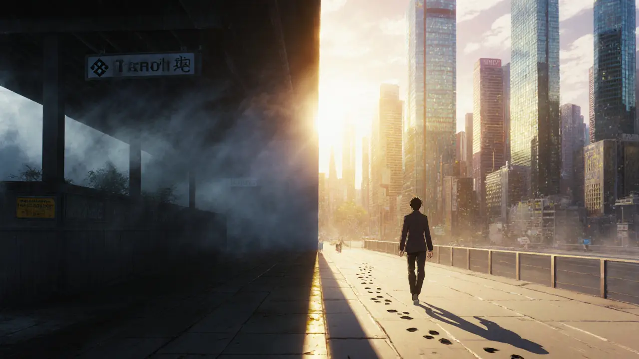 A figure leaves a dark platform for a bright city representing trusted exchanges.