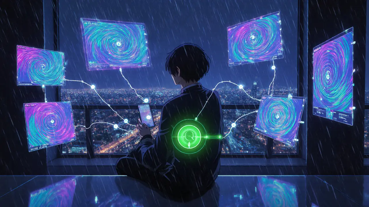 Developer in loft using holographic AI screens to route transactions across Layer 2 networks.