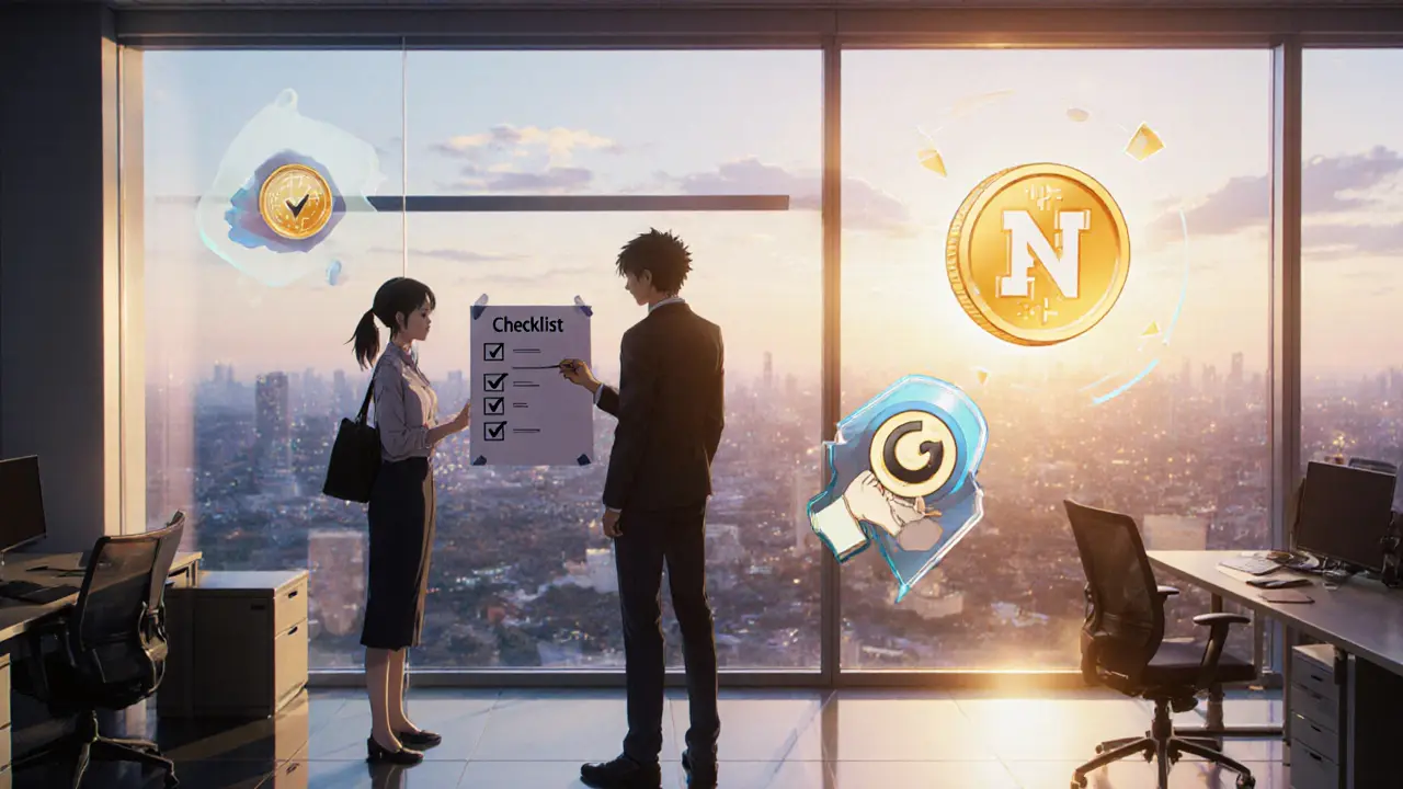 Friends in a bright co‑working space discuss a NUX airdrop checklist with glowing icons.