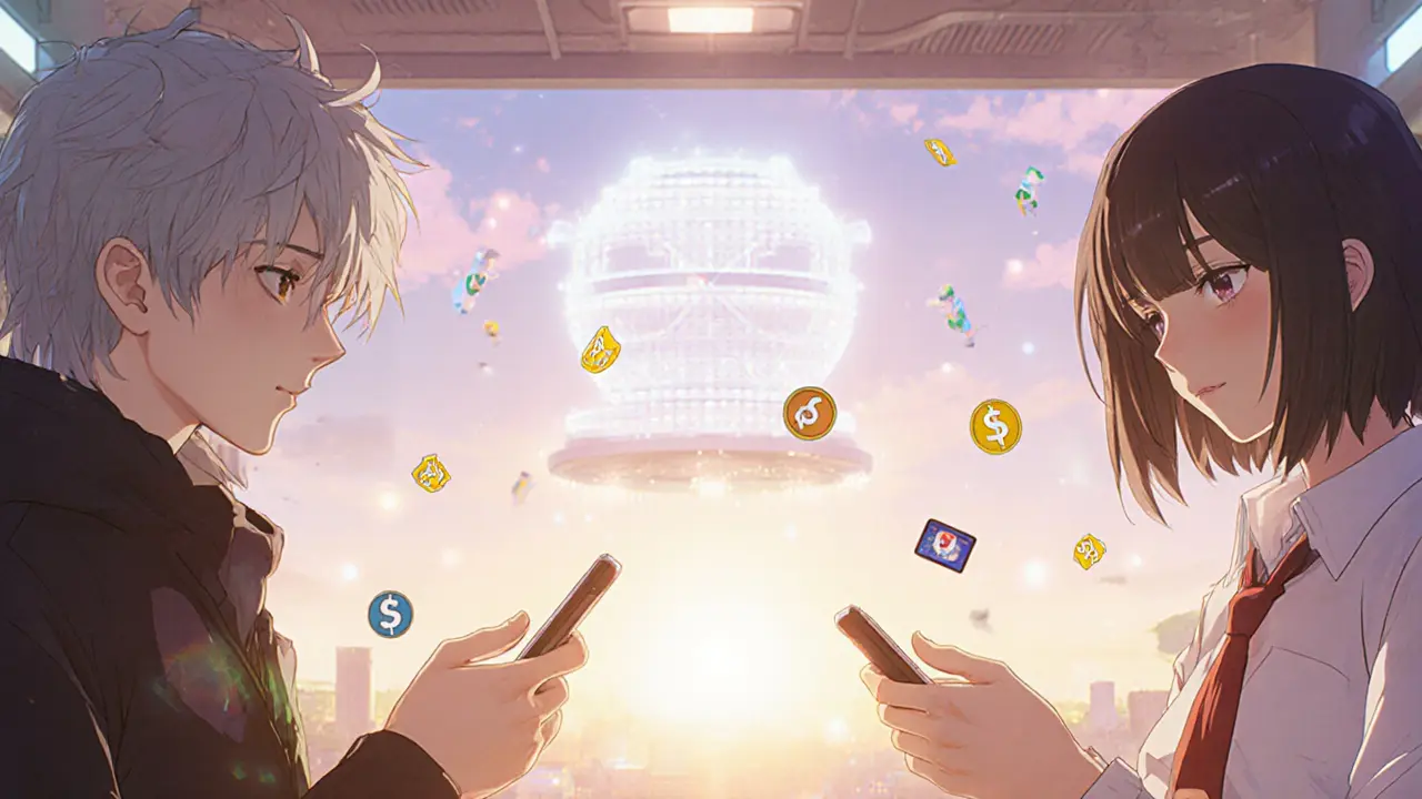 Futuristic arcade with micro‑payment fireflies moving through a glowing ZK rollup structure.