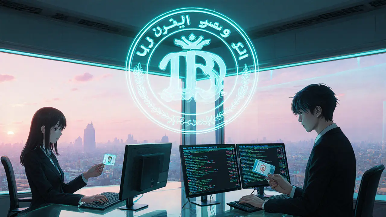 Inside licensed crypto exchange with glowing transaction logs and CBI emblem.