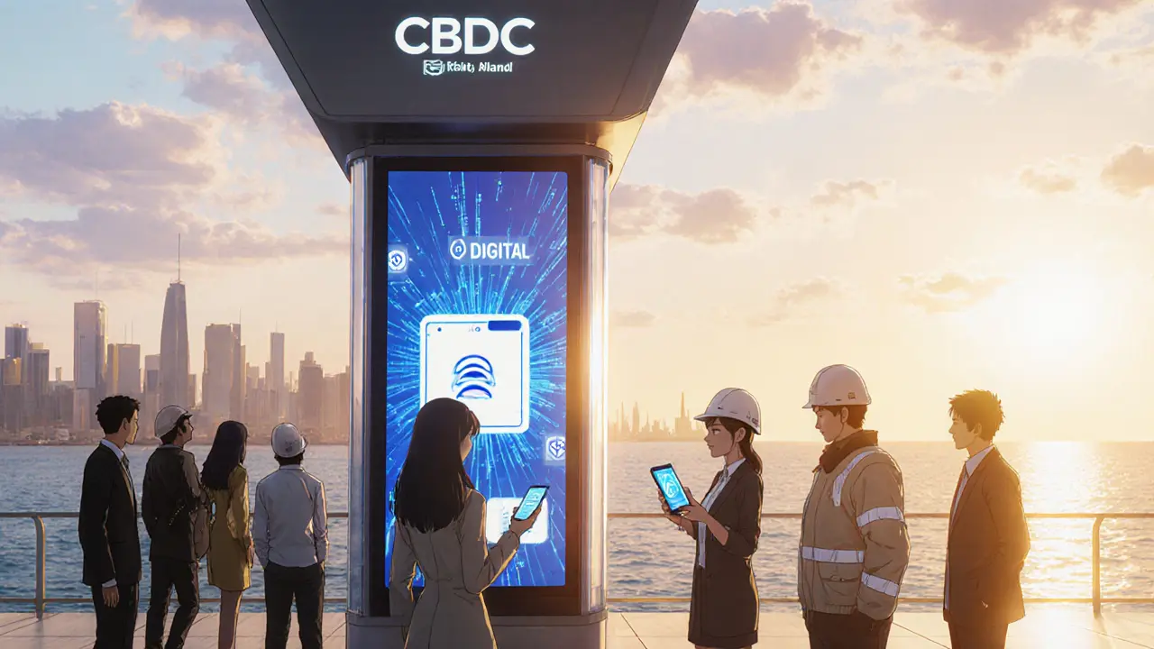 Kish Island launch of digital rial, people using a futuristic kiosk.