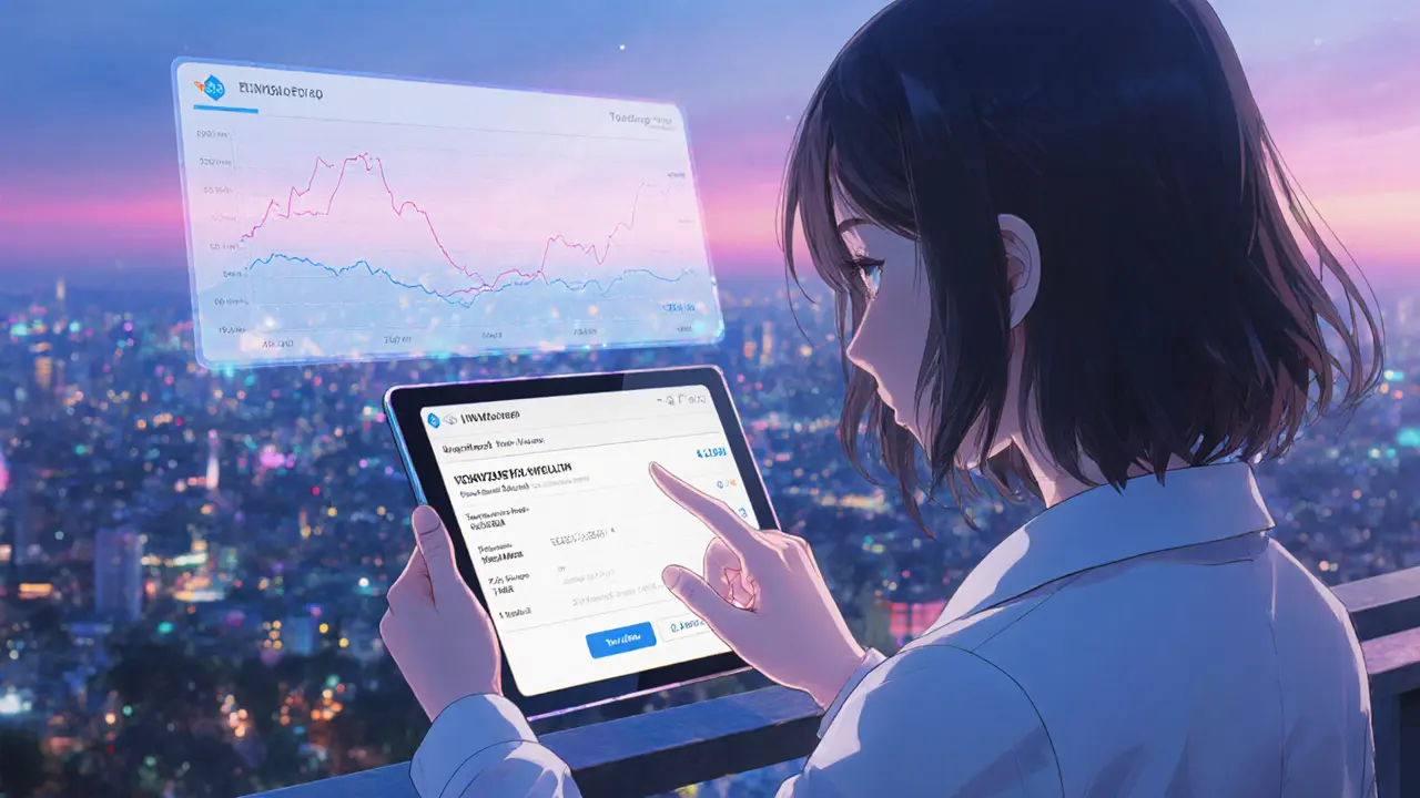 Person on a balcony checks a holographic Etherscan screen showing NUX transaction details.