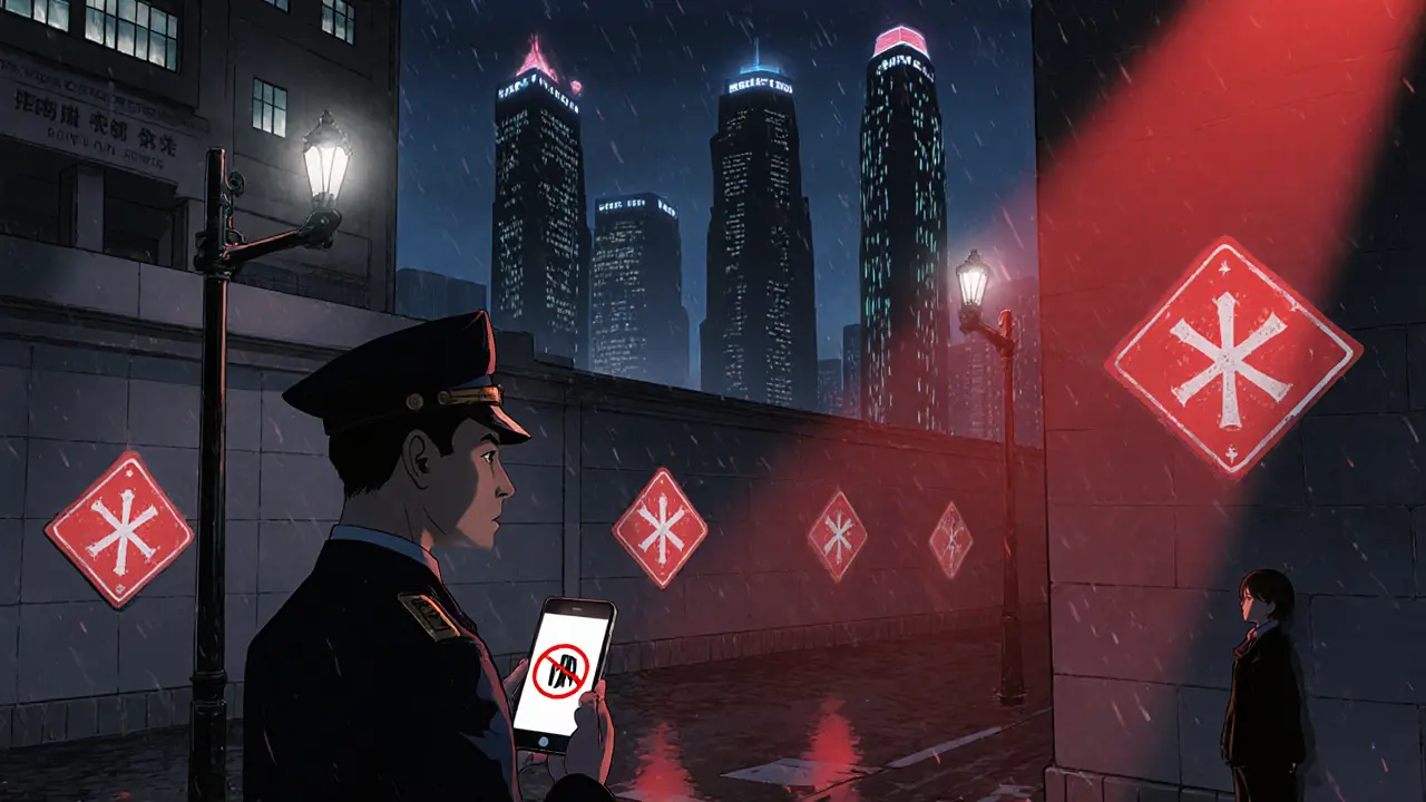 Police officer confiscating a phone with a VPN icon, government buildings looming in the background.