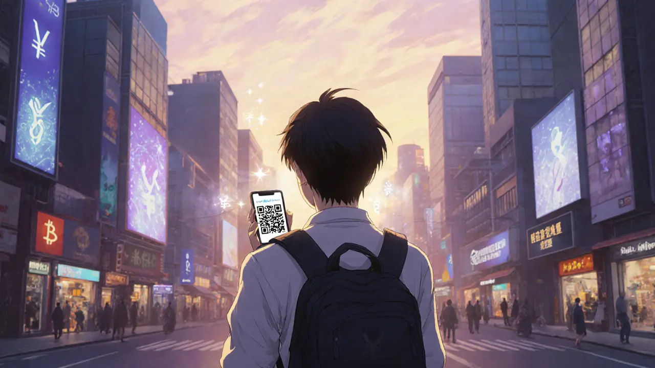 Traveler scanning a digital yuan QR code under sunrise, cityscape illuminated in pastel colors.