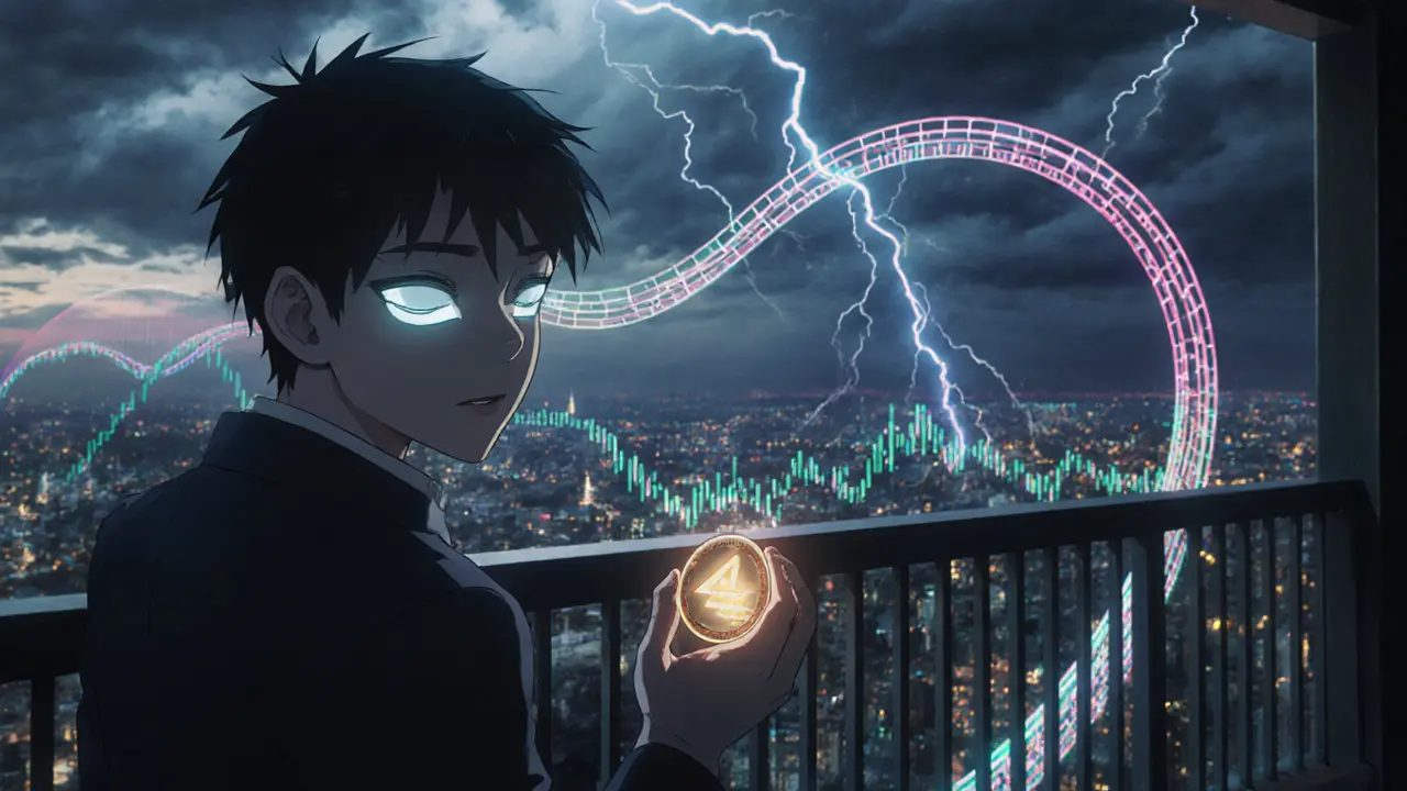 Figure on balcony holding Alon token as stormy sky and data‑line coaster illustrate price volatility.