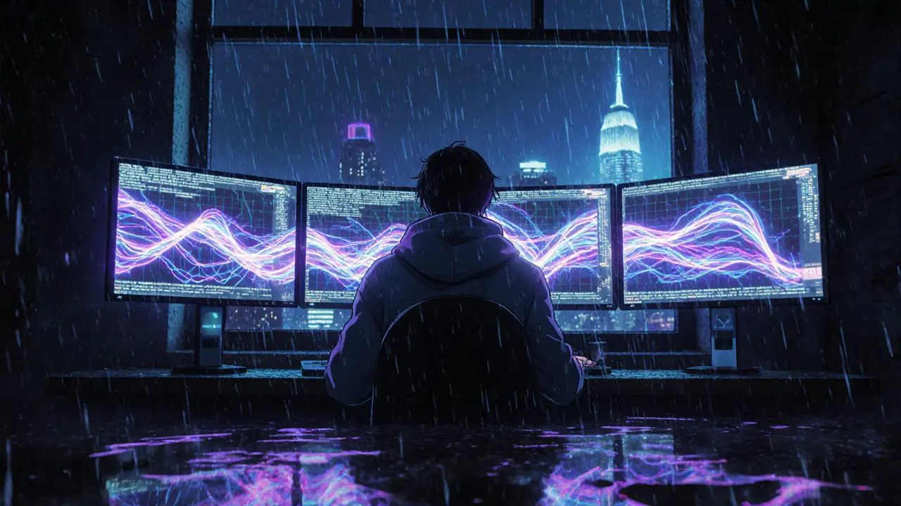 Hacker in a rain‑spattered loft monitors holographic hash graphs during an Ethereum Classic attack.