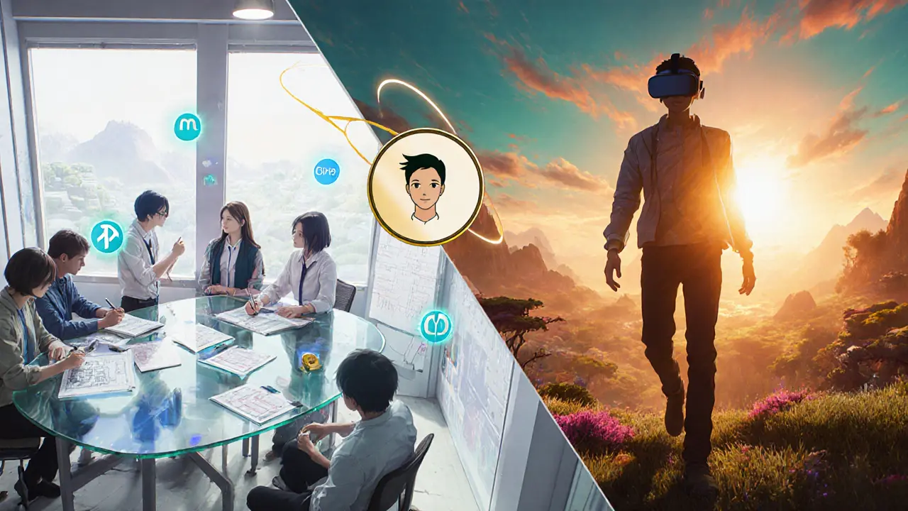 Split scene of game developers planning and a player entering a game world with a facial NFT avatar.