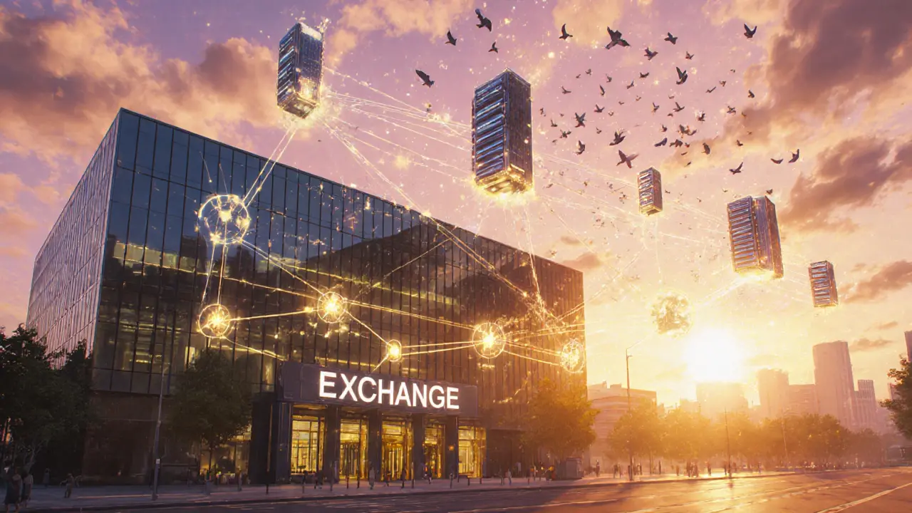 Sunrise over a futuristic exchange hub with holographic checkpoints and floating mining nodes.