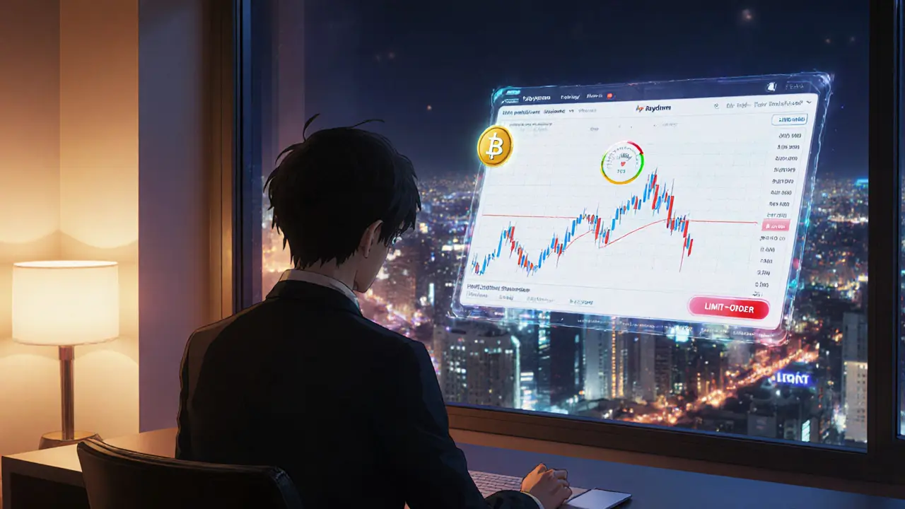 Trader in loft viewing holographic Phantom wallet and Raydium chart, Shinkai‑style night scene.