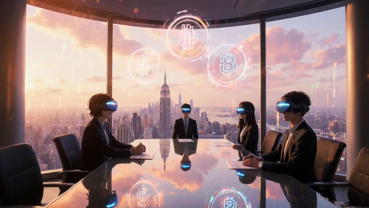 Virtual conference with avatars wearing Oculus headsets, each showing a unique face NFT.