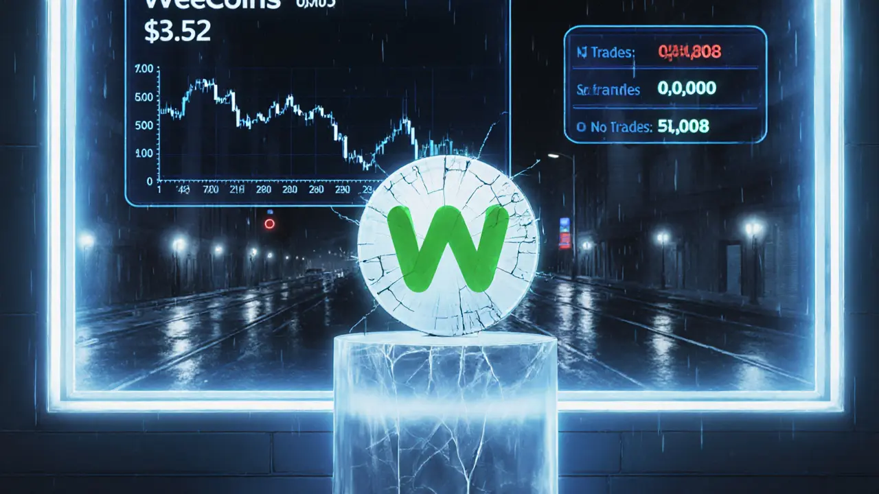A cracked WeeCoins token lies on a pedestal with falling price charts in a dim exchange.