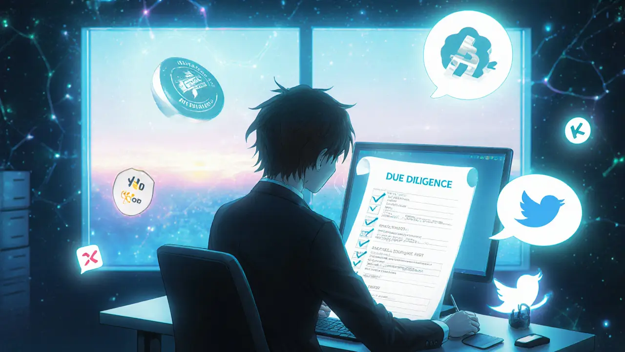 Anime character checks a due-diligence list beside icons for registration, audit reports, API, and community.