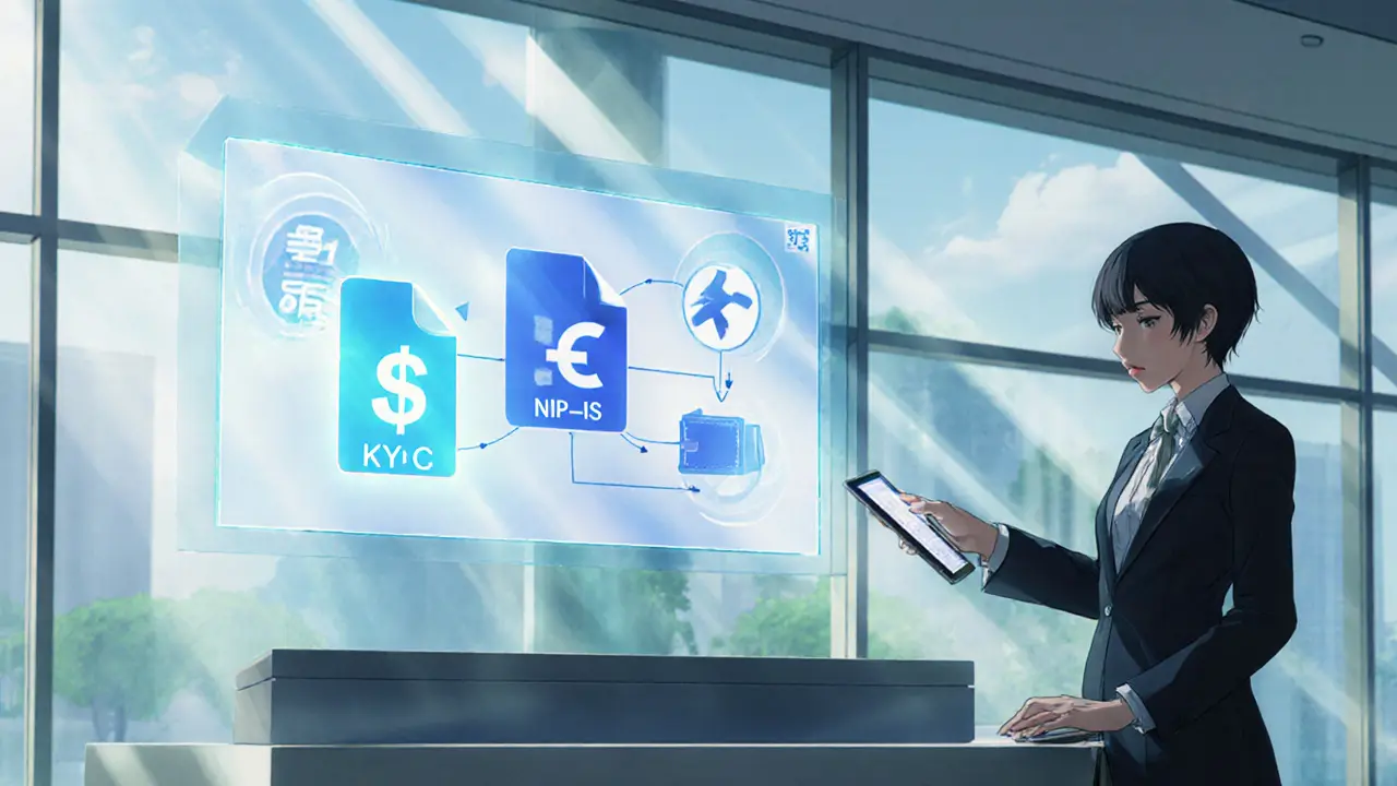 Bank teller processing a crypto withdrawal on a tablet with glowing verification hologram in a sunlit lobby.