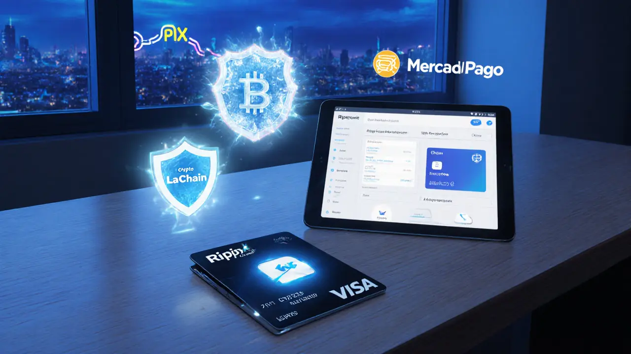 Close‑up of Crypto Visa Card, tablet with Ripio dashboard, and security icons in a twilight workspace.
