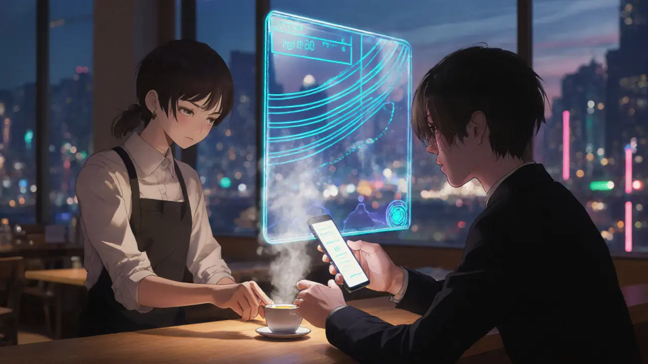 Coffee shop scene with instant digital payment shown as a floating holographic ledger.