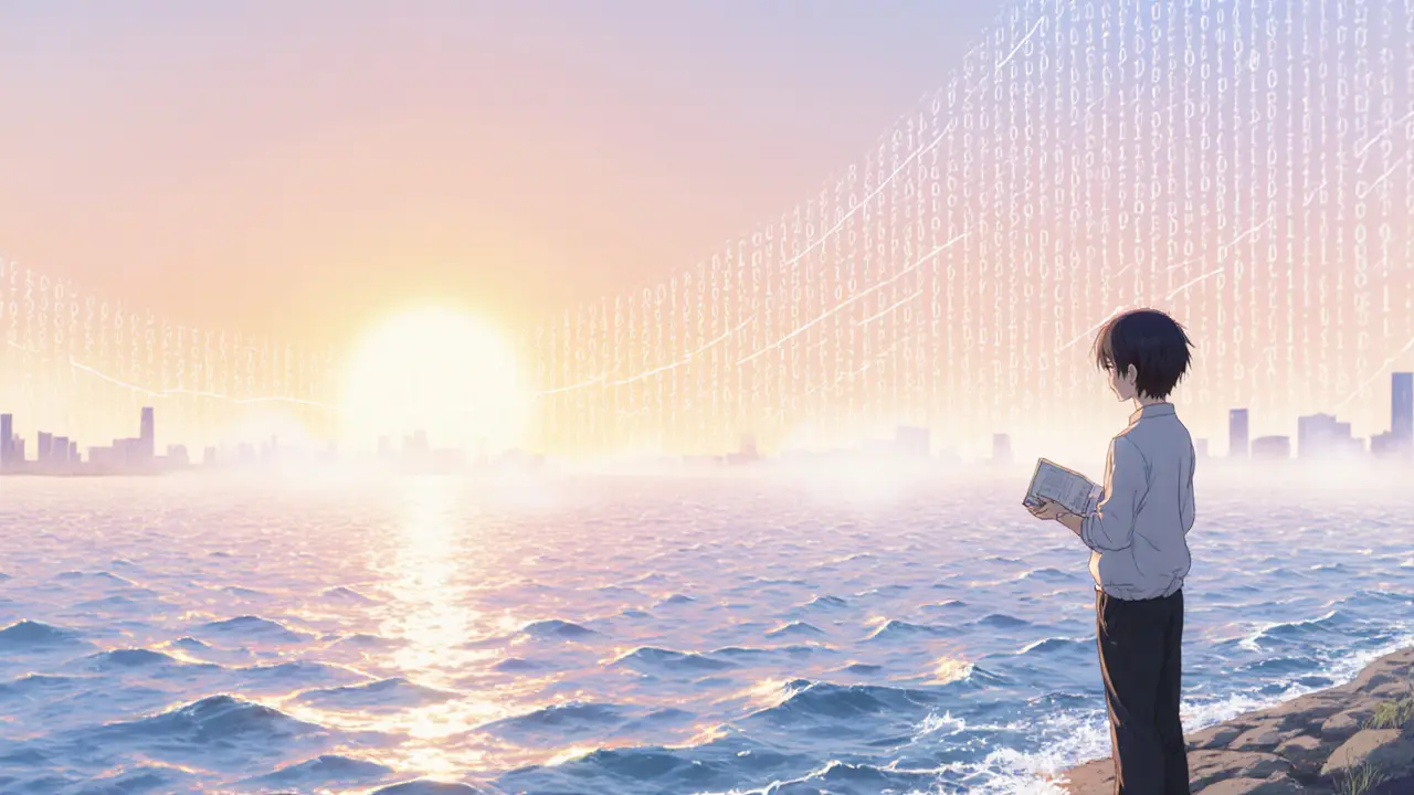 Dawn by a digital sea, figure with journal overlooking subtle chart lines in the sunrise sky.