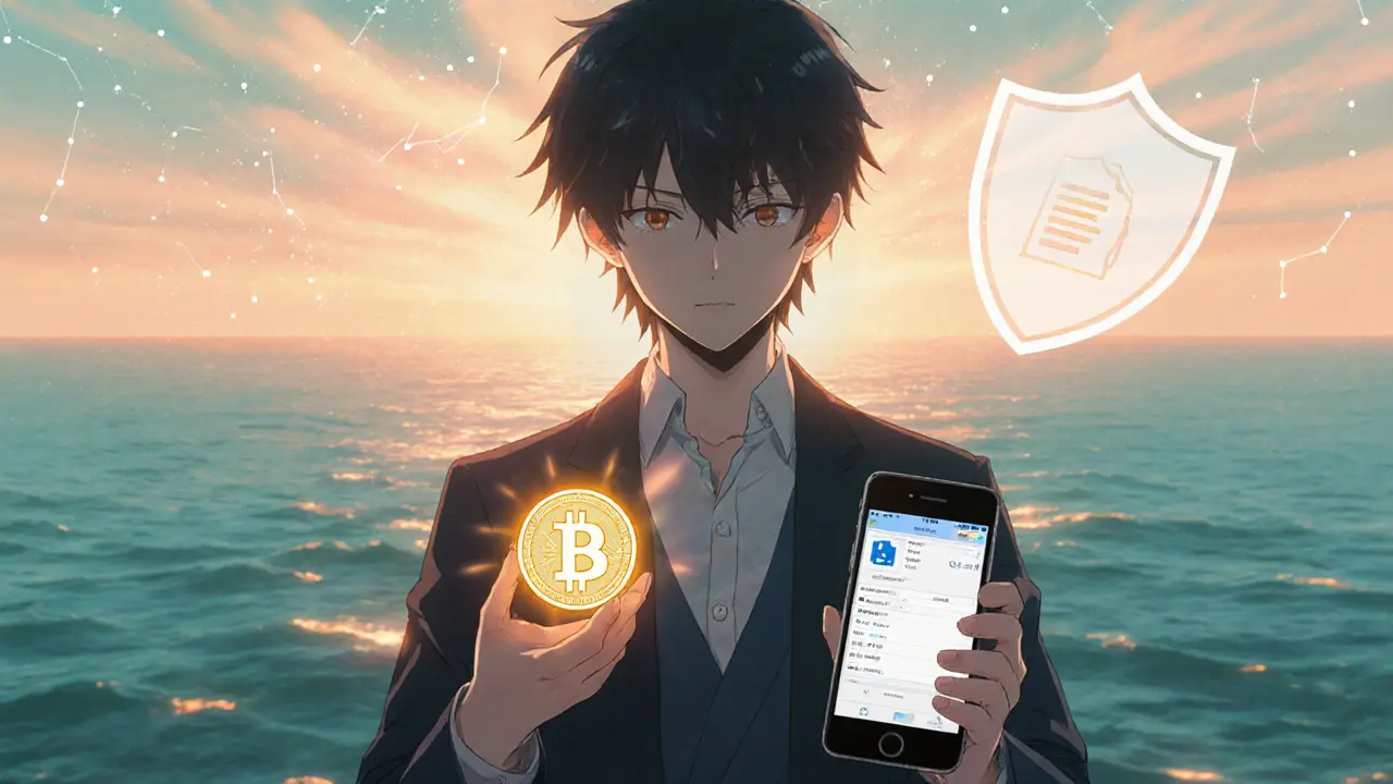 Figure holds a glowing crypto coin, with 2FA code and tax CSV file displayed, sunrise background.