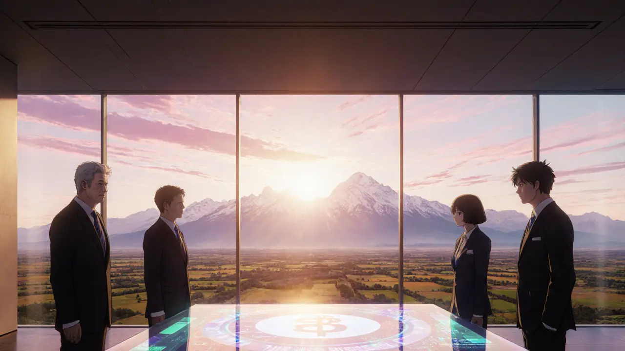 Government officials discuss a glowing CBDC prototype against a sunrise sky.