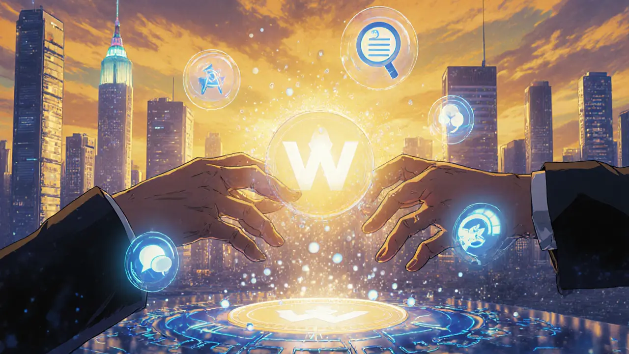 Hands lift a faint WeeCoins emblem at sunrise beside floating checklist icons.