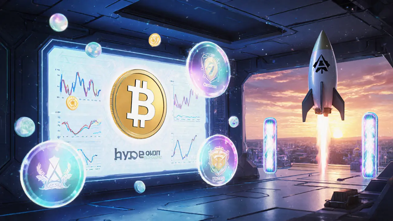 Holographic HYPE token and ARK Invest icons with cross‑rollup portals and a rocket.
